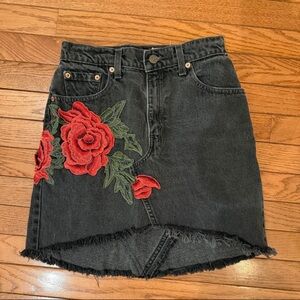 Black Denim Asymmetrical Mini Skirt with Red Rose Embroidery